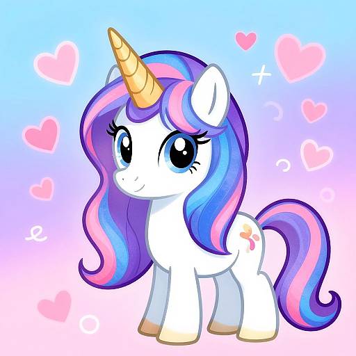 Cute digital drawing of a white unicorn with a blue, pink, and purple mane and tail, large blue eyes, and a golden horn, surrounded