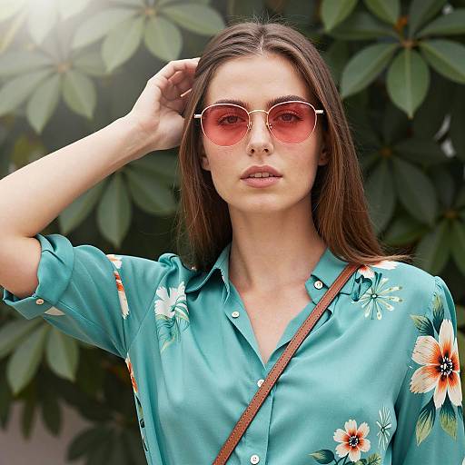 Stylish Woman in Floral Shirt and Sunglasses