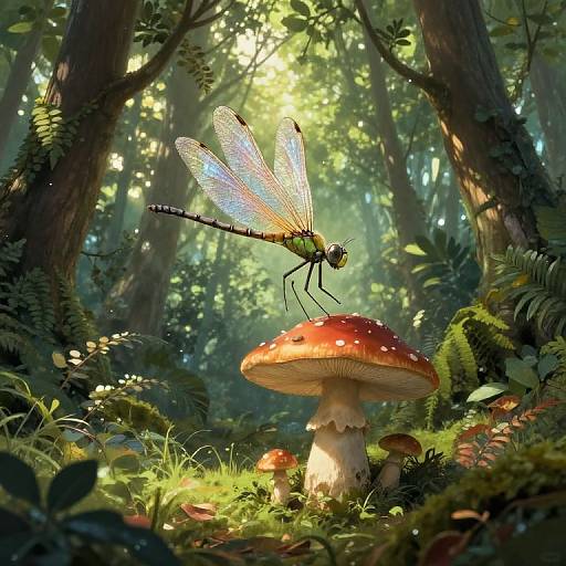 Photorealistic digital artwork: Vibrant dragonfly with iridescent wings perched on a red-capped mushroom in a sunlit, lush forest