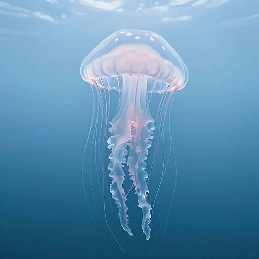 Photorealistic digital illustration of a glowing, translucent jellyfish with long, wavy tentacles floating in a deep blue underwater environment.