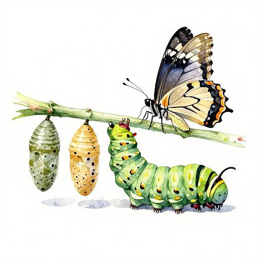 Watercolor illustration of a black and orange butterfly emerging from a green caterpillar with black spots, attached to a twig with two yellow-green chrysal