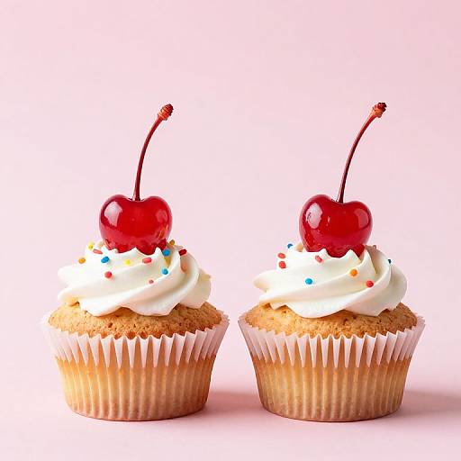 Photograph of two vanilla cupcakes with white frosting, colorful sprinkles, and shiny red cherries on top, in white wrappers.
