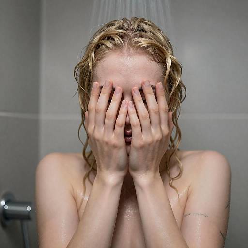 Person Covering Face in Shower