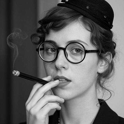 Black-and-white photograph of a pale-skinned woman with curly hair, round glasses, and a black beret, smoking a cigarette, holding it to