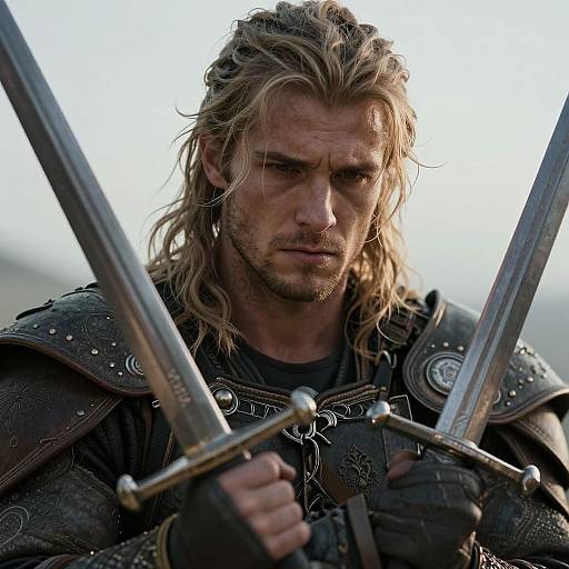 Photograph of a serious, blonde-haired man with long hair and beard, holding two swords, wearing armored black leather with intricate designs, against a bright