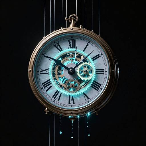 Glowing blue mechanical clock with Roman numerals, exposed gears, and black hands, hanging against a black background with vertical lines.