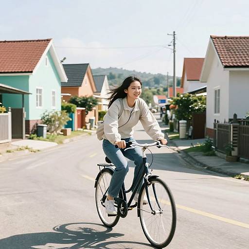 Photograph of a smiling Asian woman with long black hair, wearing a white hoodie and blue jeans, riding a black bicycle down a sunny, suburban street