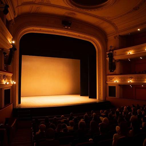 Photograph of an ornate, dimly-lit theater with a warmly lit stage, empty chairs in the foreground, and a small audience silhou
