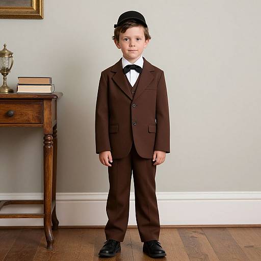 Photograph of a young boy in a brown formal suit, black bow tie, and black cap, standing in front of a wooden table with a trophy