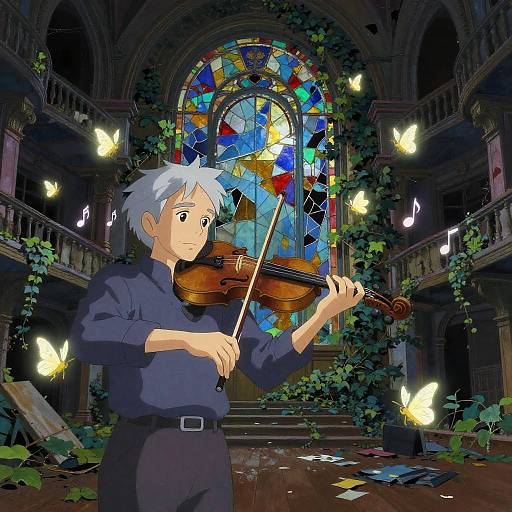 Elderly Violinist in Ivy-Overrun Opera