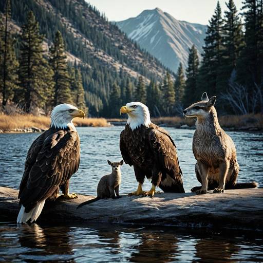 Bald Eagles, Mule Deer, and River Otter by Mountain River Bald Eagles, Mule Deer, and River Otter by Mountain River