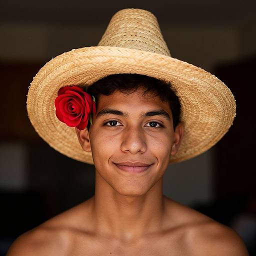 Photograph of a young, shirtless man with medium brown skin, dark curly hair, wearing a straw hat with a red rose, smiling softly at