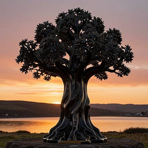 Photograph of a detailed, silhouetted tree sculpture with intricate bark texture, set against a vibrant sunset over a calm lake and rolling hills.