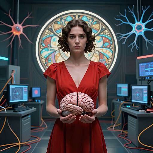 Photorealistic CGI: Curly-haired woman in red dress holding a brain, standing in a sci-fi lab with colorful stained glass, monitors, and