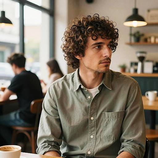 Curly Mullet Style in Coffee Shop