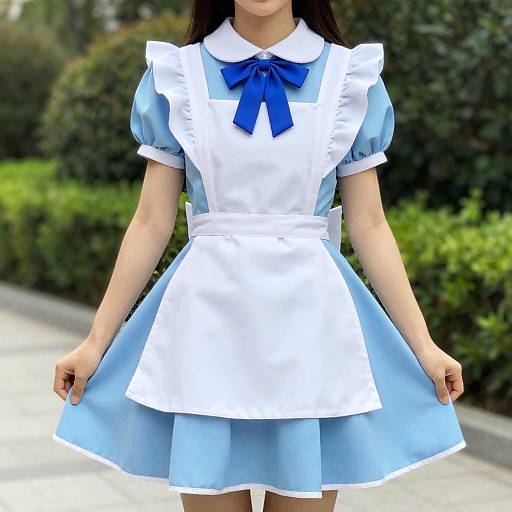 Photograph of a young woman in a blue and white maid outfit with puffed sleeves, blue ribbon bow, standing outdoors.