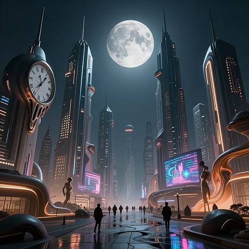 Futuristic cityscape at night with glowing skyscrapers, a large full moon, neon lights, clock tower, and silhouetted pedestrians