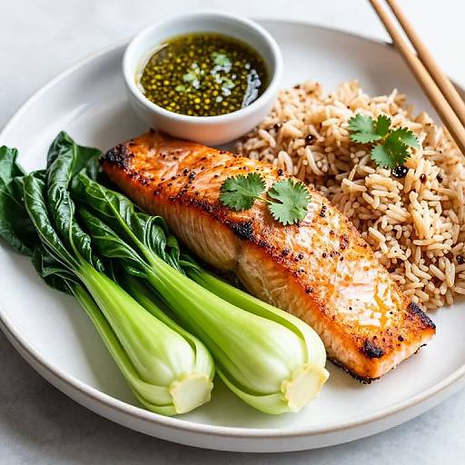 Photograph of grilled salmon fillet with seared edges, brown rice, steamed bok choy, and green soy sauce dipping sauce on a