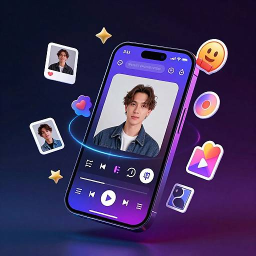 Photograph of a smartphone displaying a young man's face, surrounded by floating social media icons, emojis, and photo thumbnails against a dark gradient background.
