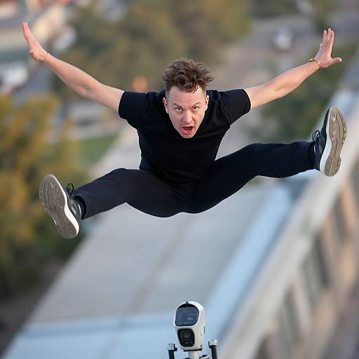 Photograph of a young man with spiky brown hair, wearing a black t-shirt and pants, mid-air in a wide split jump over a drone