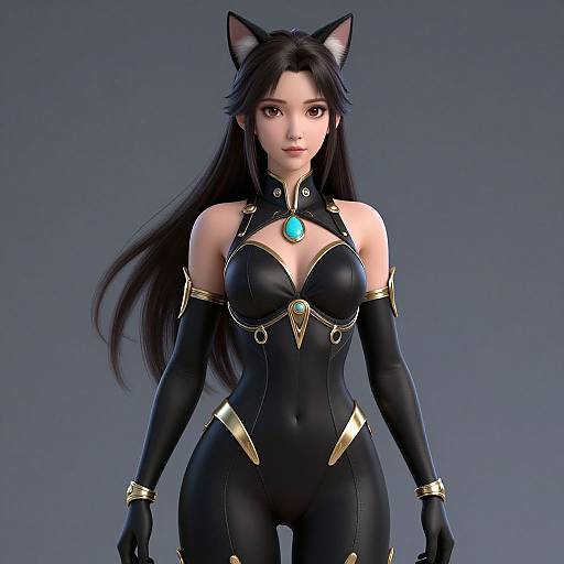 CGI image of an Asian woman with long black hair, black cat ears, and black leather outfit with gold accents and blue gem, standing against a