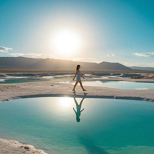 Photograph of a woman in a white dress walking on sunlit salt flats, her reflection in a clear blue pool, with mountains and a bright sun