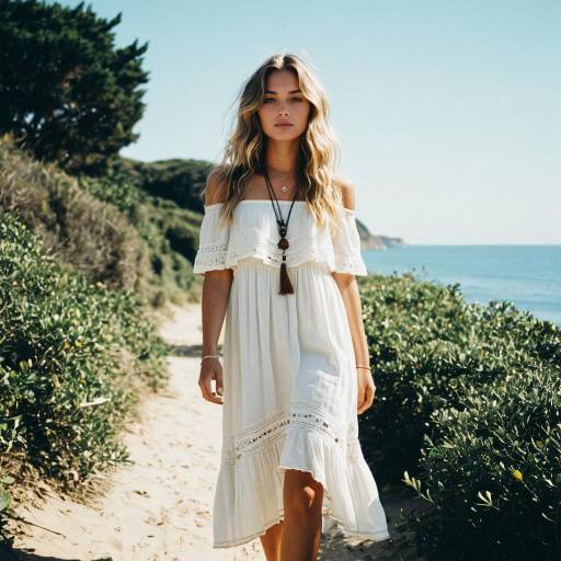 Young Woman in White Boho Dress on Beach Path