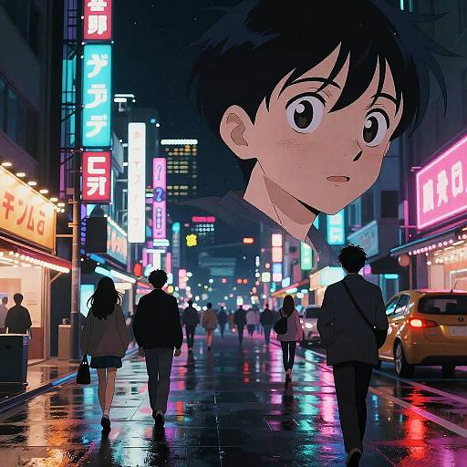 Digital anime-style illustration of a neon-lit, rainy urban street with a large, surprised face in the foreground. Pedestrians and cars navigate the