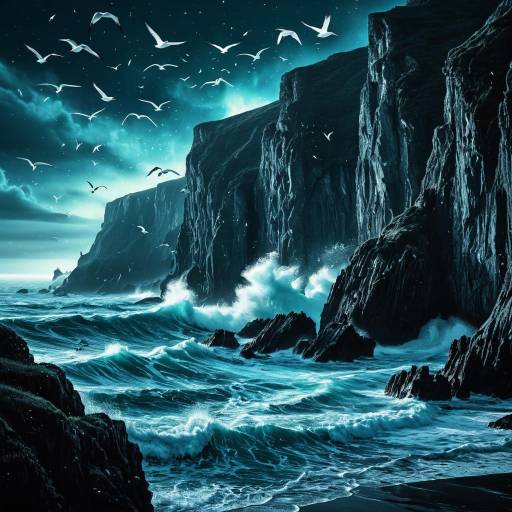 Ethereal Sea Cliffs with Glowing Waves and Birds