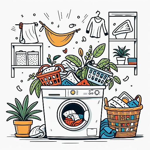 Cartoon Laundry Room with Toppling Laundry Basket