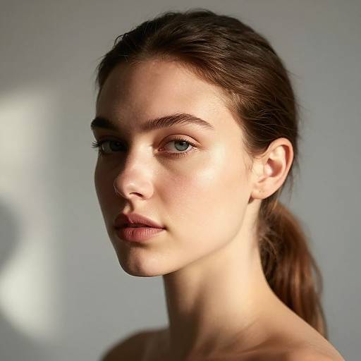 Photograph of a fair-skinned, blue-eyed woman with brown hair in a ponytail, illuminated by soft light, against a grey background.