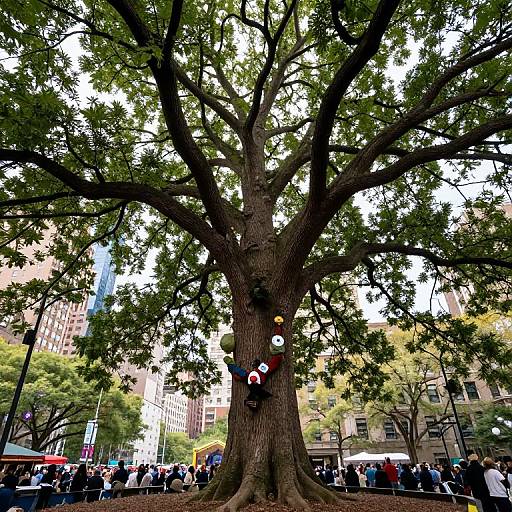 Photograph of a large, leafy tree in an urban park, with colorful lights hanging from the trunk, surrounded by people and city buildings in the