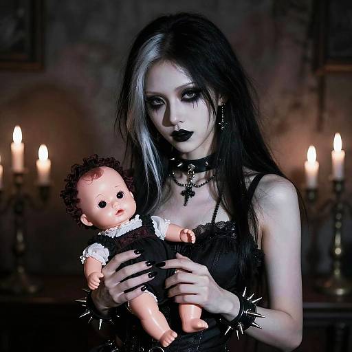Gothic woman with pale skin, black lipstick, and long black-and-white hair holds a doll with black dress and glowing eyes, surrounded by candles