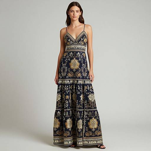 Photograph of a slender, fair-skinned woman with straight brown hair, wearing a sleeveless, navy blue, V-neck maxi dress with gold floral