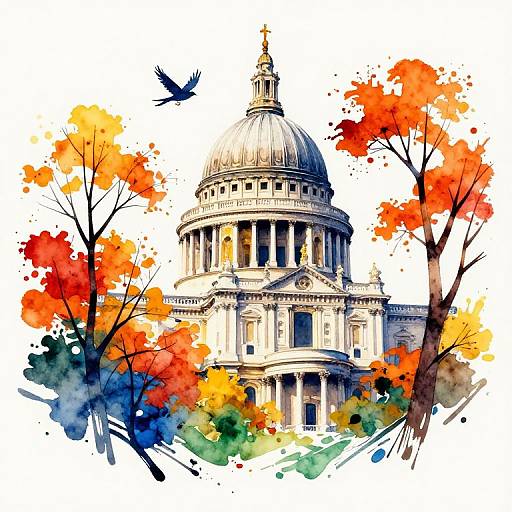 Watercolor illustration of St. Paul's Cathedral with vibrant autumn leaves, black bird in flight, and colorful splashes surrounding the historic dome.