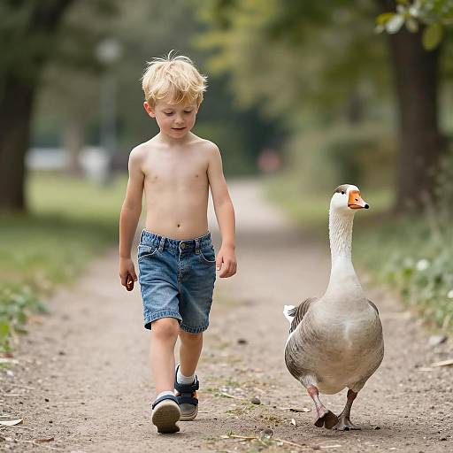 Boy Walking with Goose on Path