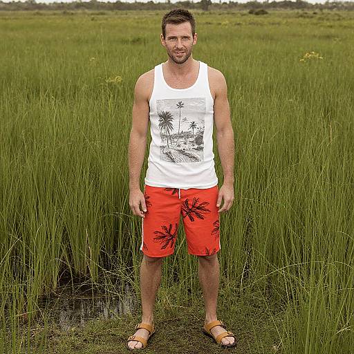 Photograph of a muscular man with short brown hair, wearing a white tank top, red shorts with black palm prints, and brown sandals, standing in