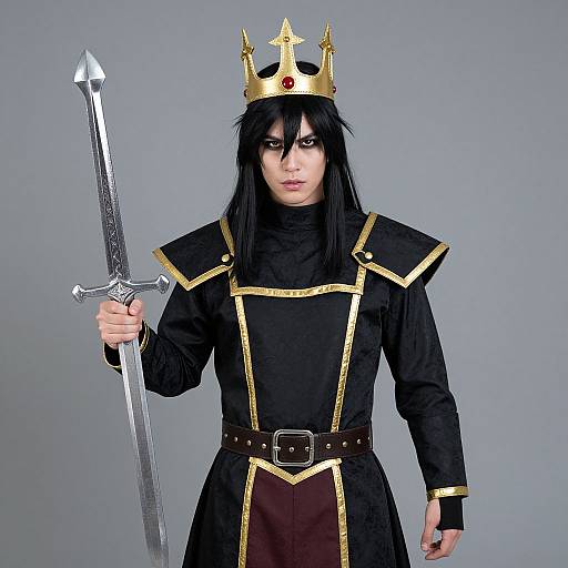 Photograph of a pale-skinned, black-haired man in a black and gold medieval knight costume with a gold crown, holding a long silver sword against