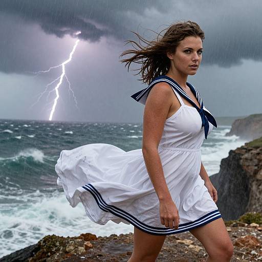 Photograph of a fierce brunette woman in a white sailor dress, standing on a rocky coastline during a storm with a striking lightning bolt in the dark,