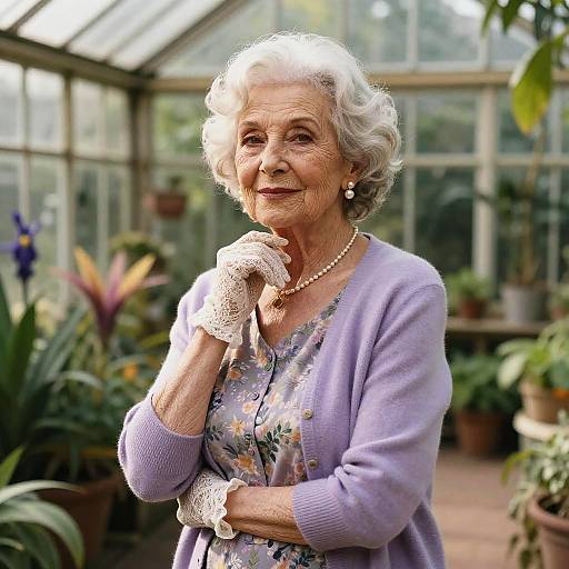 Photograph of an elderly white woman with short gray hair, wearing a lavender cardigan, floral dress, lace gloves, and pearl necklace, smiling in
