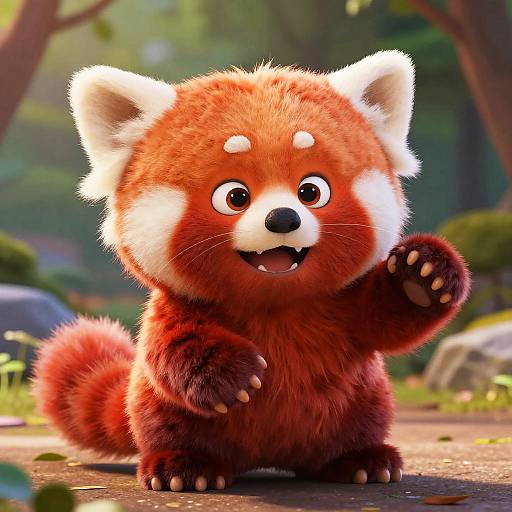 Cute, CGI red panda cub with fluffy red and white fur, waving with large, adorable paws in a sunlit forest.