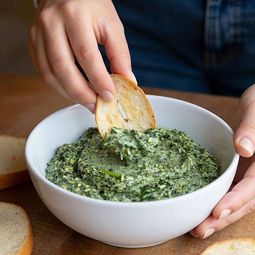 Woman Dipping Bagel Chip in Spinach Dip
