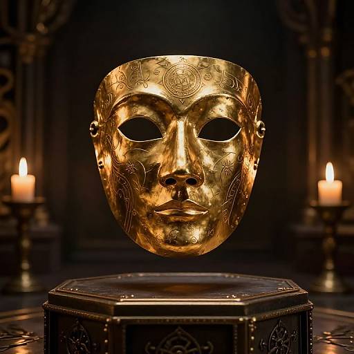 Photograph of a golden, ornate masquerade mask with intricate patterns, illuminated by candlelight, centered on a hexagonal pedestal in a dim