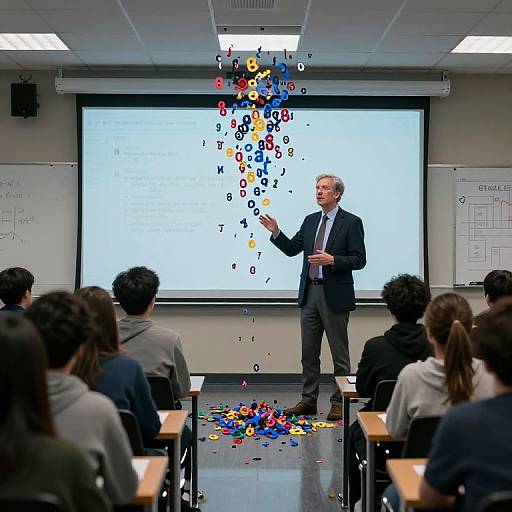 Photograph of a white male professor in a suit, standing in a classroom, making colorful numbered discs float above a projector screen. Students sit in desks