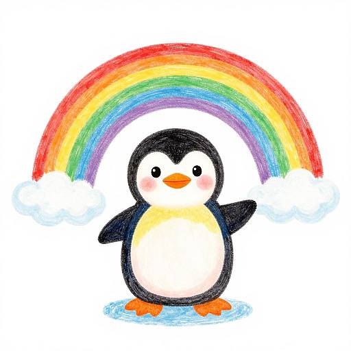 Cute cartoon penguin with black and white feathers, orange beak and feet, standing under a vibrant rainbow with fluffy clouds.