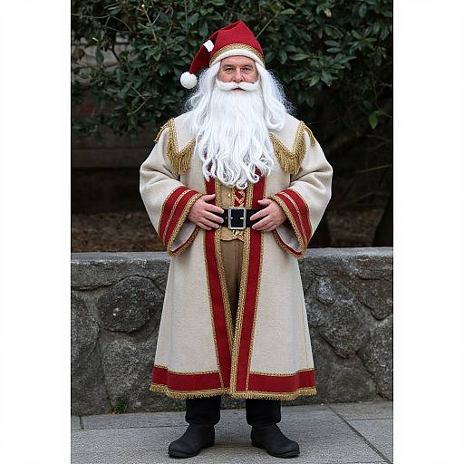 Photograph of a man dressed as Santa Claus with a red hat, white beard, cream robe with red and gold trim, black boots, standing in