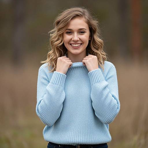Photograph of a smiling young woman with wavy brown hair, wearing a light blue knitted sweater, standing outdoors in a blurred, grassy forest