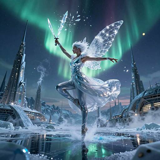 Cryo-Dancer with Crystalline Blades under Aurora