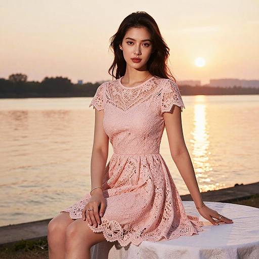 Photograph of an Asian woman with long black hair, wearing a lace pink dress, sitting on a white table by a sunset-lit lake.