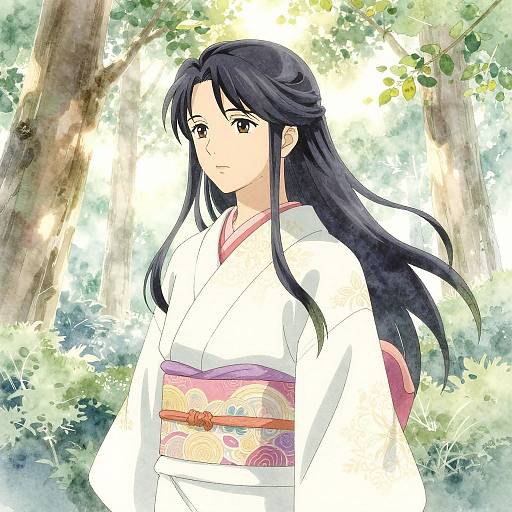 Anime-style digital drawing of a young woman with long black hair, wearing a white kimono with a pink and orange obi, standing in a sun